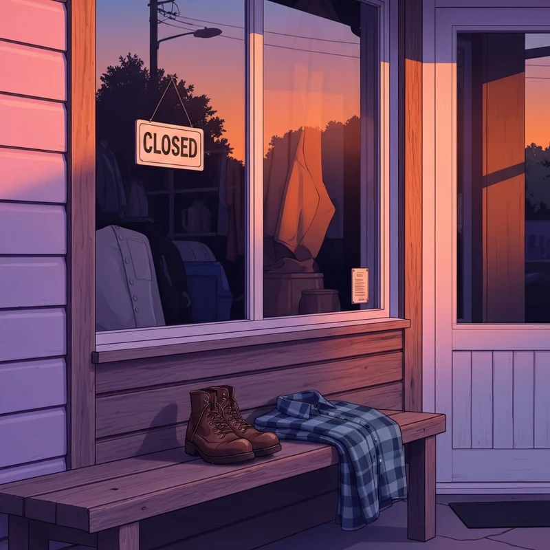 A nostalgic scene representing the end of an era with eddie bauer stores closing signage and high-quality outdoor gear.