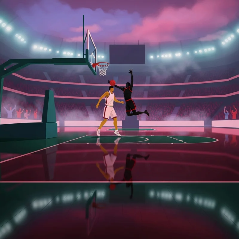 A cinematic view of a high-stakes basketball game reminiscent of the cavaliers vs trail blazers matchup.