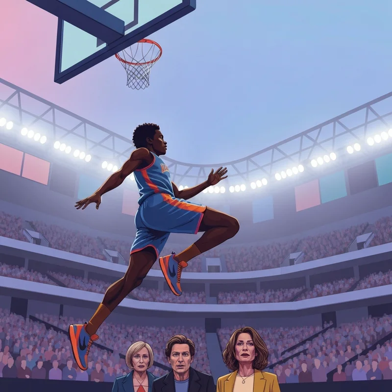 A cinematic shot of Chet Holmgren rising for a block in a high-intensity NBA game.