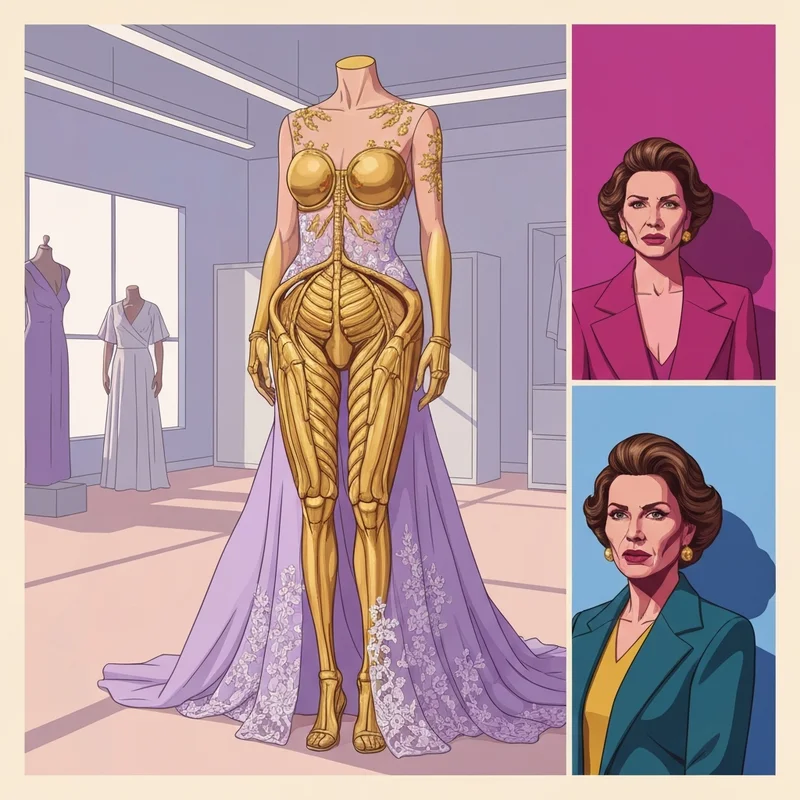 A surrealist gold and lace gown from the Schiaparelli Haute Couture Spring Summer 2026 collection on a minimalist runway.