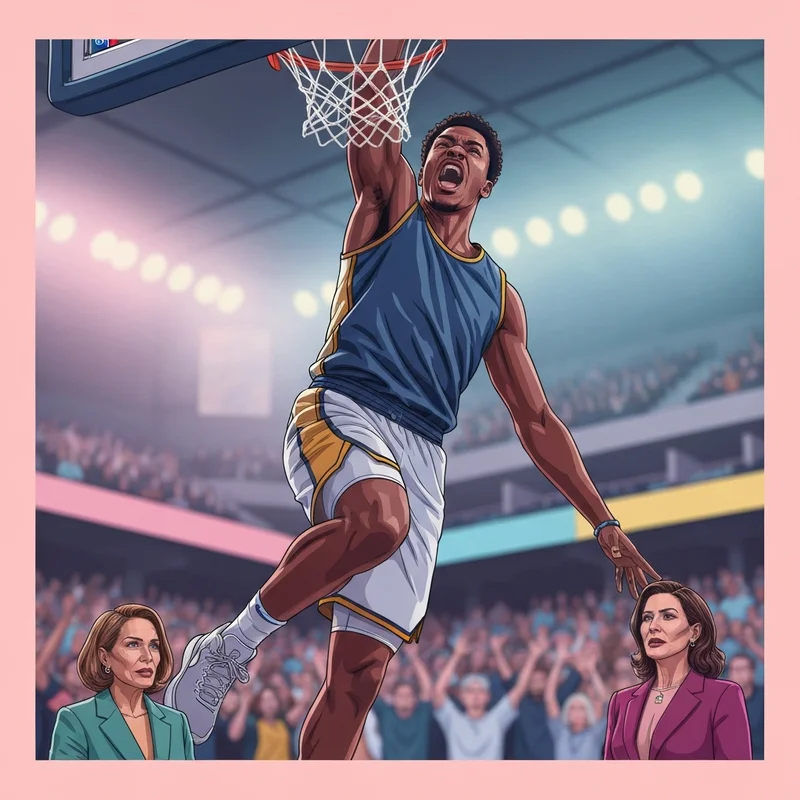 A cinematic shot of Peyton Watson soaring for a dunk in a Denver Nuggets game, illustrating his high-flying athletic potential.