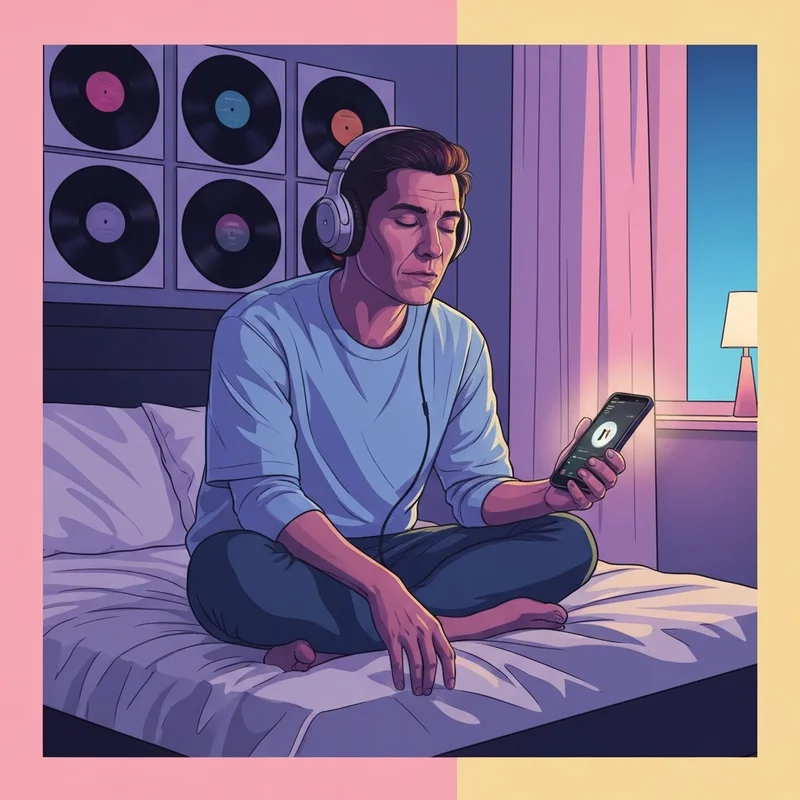 A Gen Z tastemaker researching the latest AOTY rankings on their phone in a neon-lit bedroom.