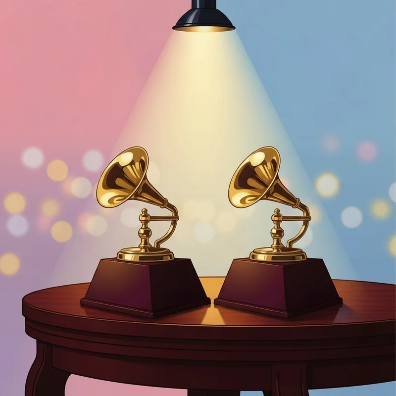 Two gold Grammy trophies representing record of the year vs song of the year on a dark table.