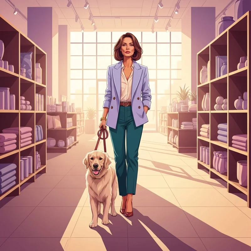 A woman and her dog enjoying pet friendly shopping near me in a modern retail environment.