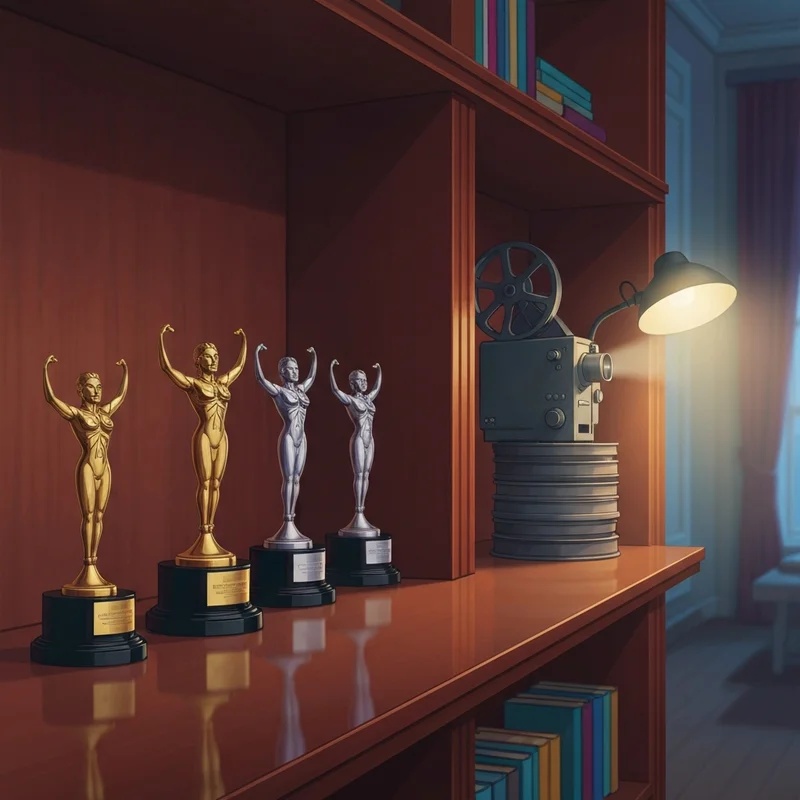 A cinematic display of trophies representing the Steven Spielberg EGOT achievement on a mahogany shelf.