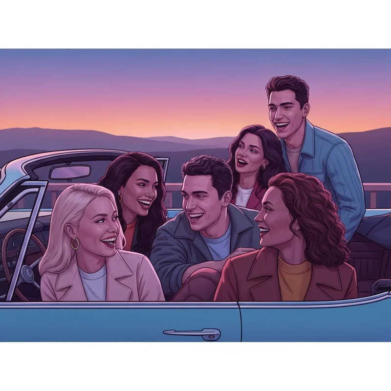 A group of friends laughing together while contemplating the social thrill of friends flashing tits in a safe environment.