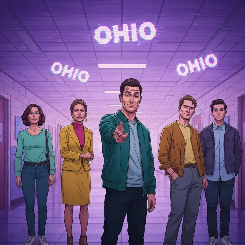 A group of friends posing for a video inspired by the adrian explain our friend group lyrics in a neon hallway.