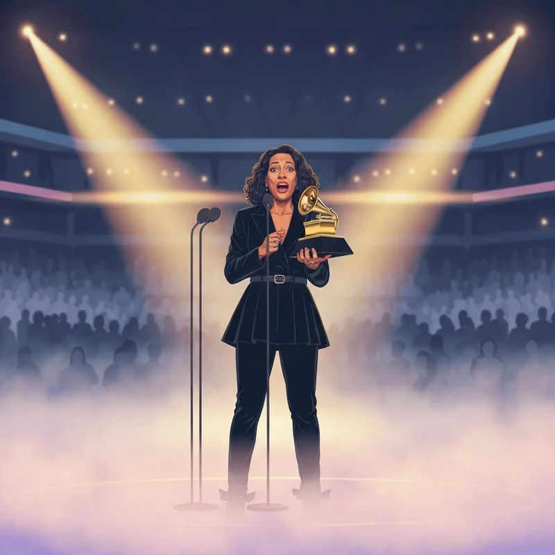 Lola Young holding her 2026 Grammy award on stage in a moment of emotional triumph.