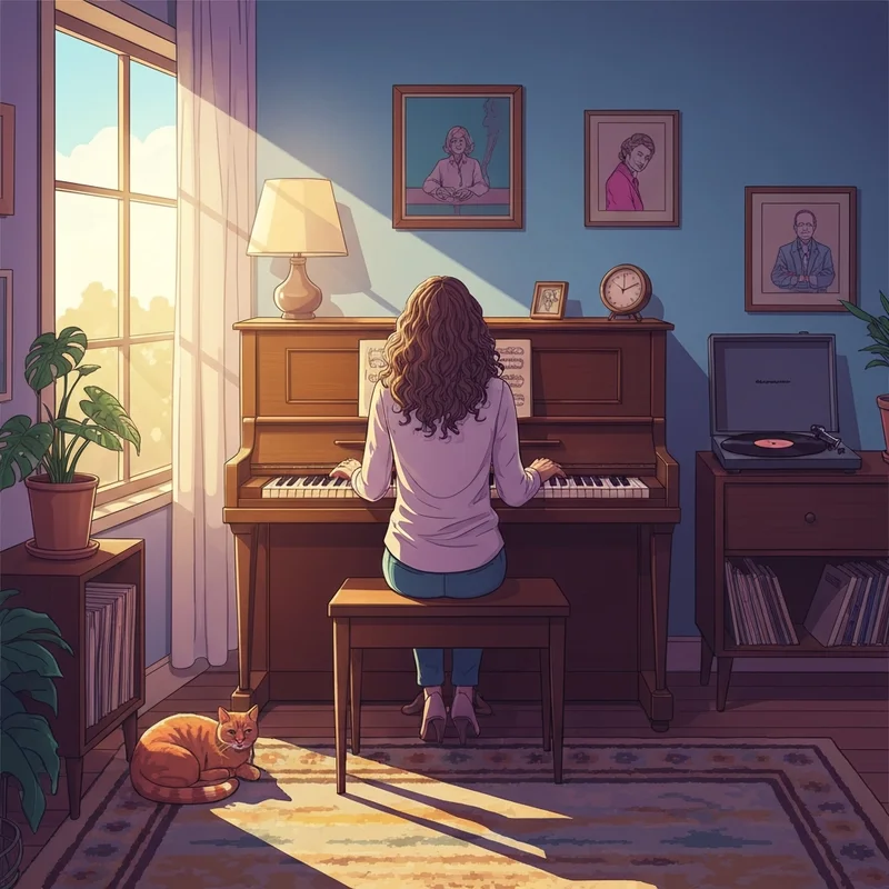 A nostalgic 1970s interior featuring a piano and a tapestry rug, celebrating the timeless legacy of Carole King.