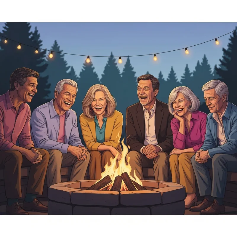 A group of friends over 45 supporting each other, embodying the themes of the with a little help from my friends lyrics.