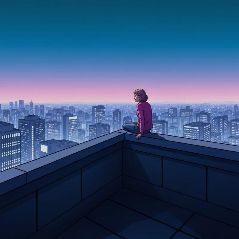 A young person reflecting on the emotional weight of the all my friends are dead lyrics while looking at a city skyline.