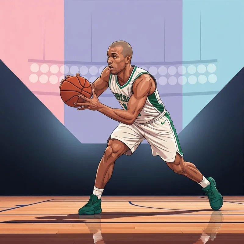 Professional basketball player Payton Pritchard dribbling on a green-themed court during a high-stakes NBA game.