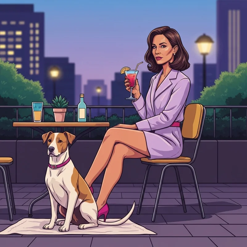 A stylish woman enjoying a meal at a dog friendly restaurant near me with her well-behaved pet.