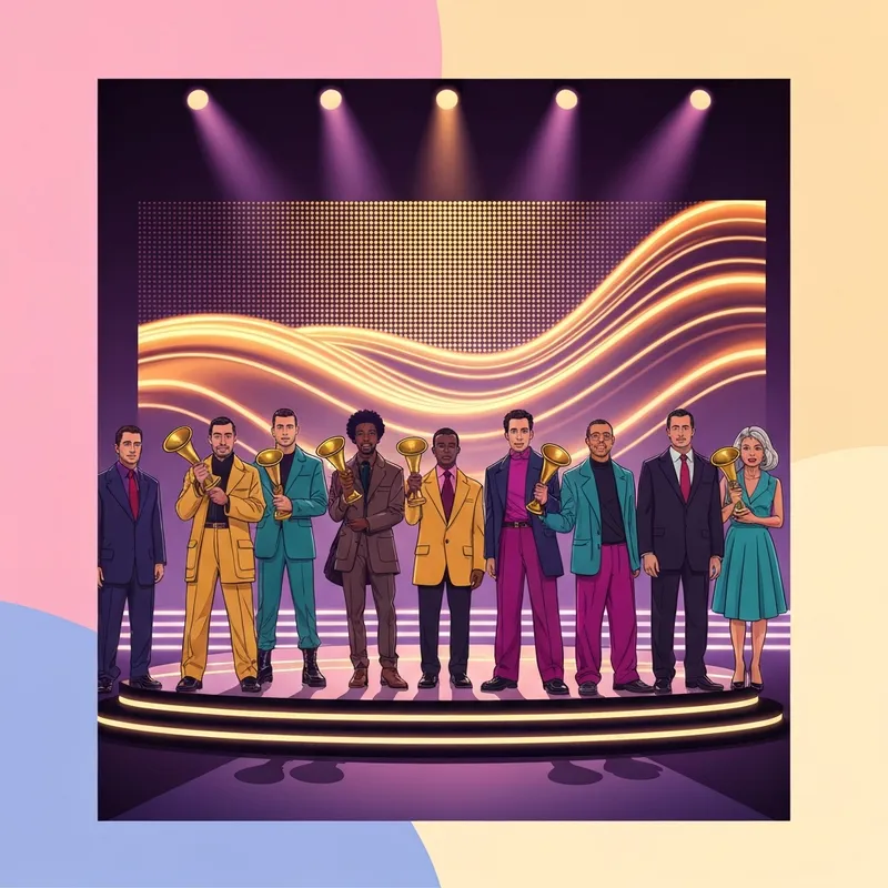 A group of stylish musicians celebrating on stage, representing the grammy winners 2025.