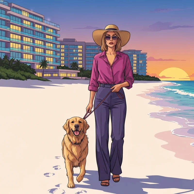 A woman and her dog enjoying a luxury stay at pet friendly hotels in myrtle beach south carolina during sunset.