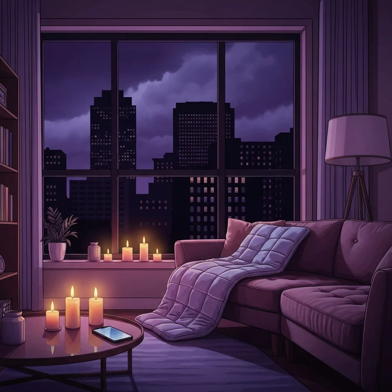 A candlelit apartment during xcel energy power outages in Denver showing a cozy survival setup.