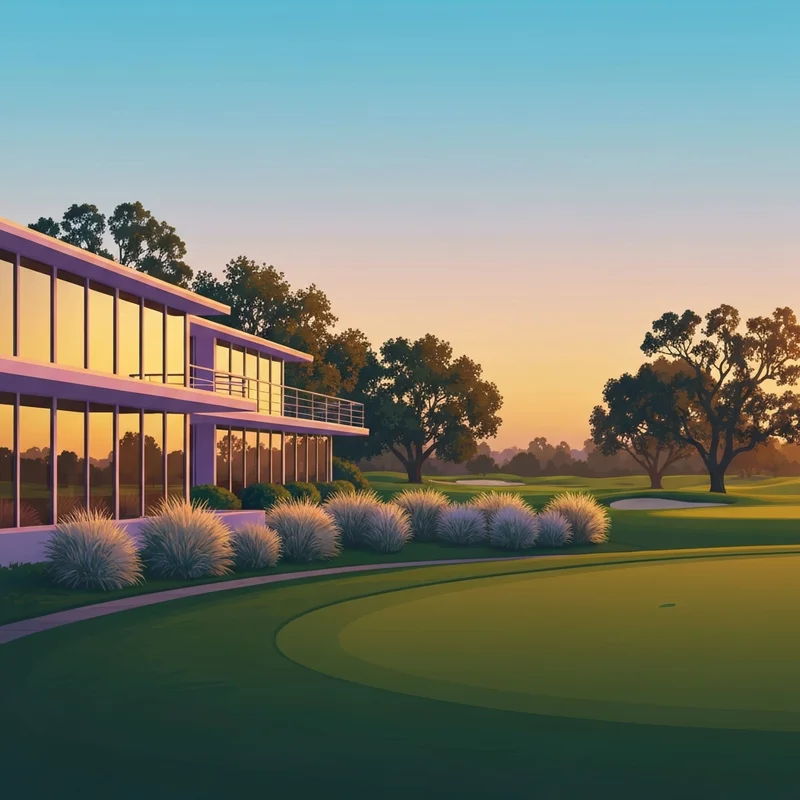 The luxurious exterior of Friendly Hills Country Club Whittier CA at sunset, showing the golf course and clubhouse.
