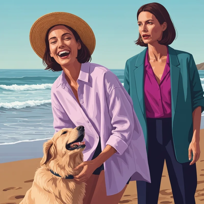 A happy dog owner enjoying a sunny day at pet friendly beaches near me with her golden retriever.