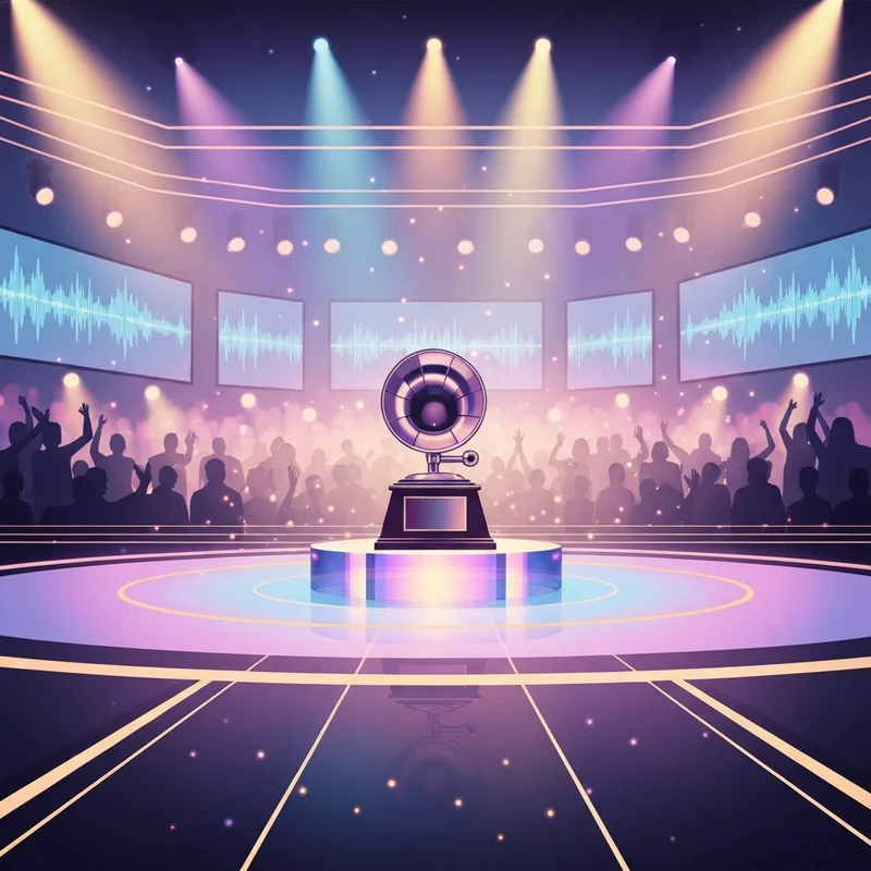 A golden trophy on a stage representing the success of artists at the grammys 2026.