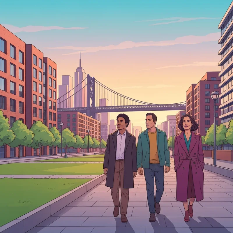 A young couple exploring the waterfront to see if Camden NJ is LGBT friendly at sunset.