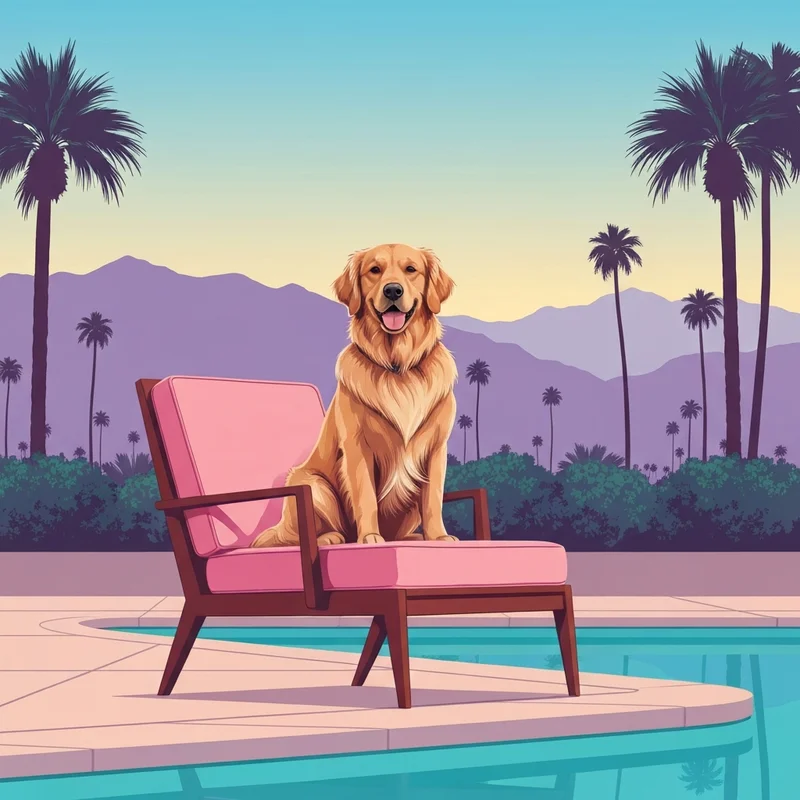 A golden retriever enjoying the luxury amenities at pet friendly hotels palm springs during sunset.