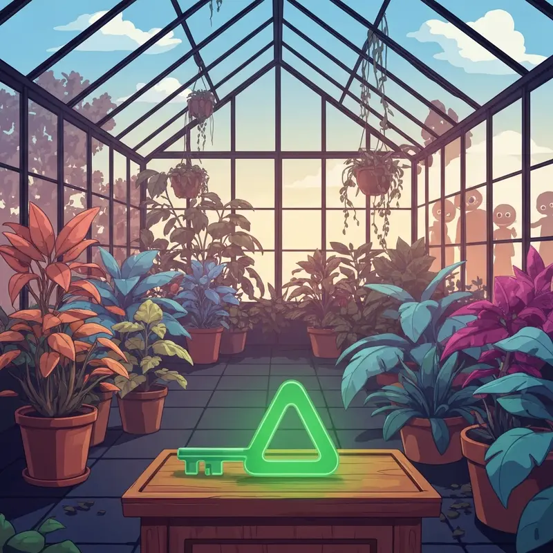A glowing green triangle key on a pedestal in the Glasshouse, solving the mystery of my friendly neighborhood how to get the green key.
