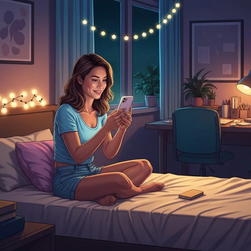 A young woman smiling at her phone while thinking about how to say thanks my friend to her bestie.