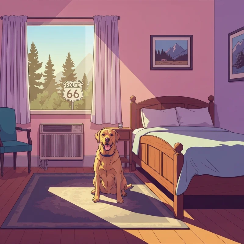 A happy dog in one of the pet friendly hotels in williams az with a view of Route 66.