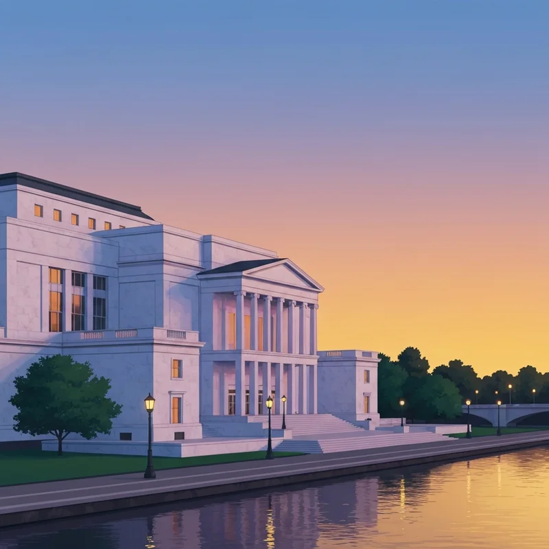 The iconic white marble facade during the Kennedy Center closure at sunset.