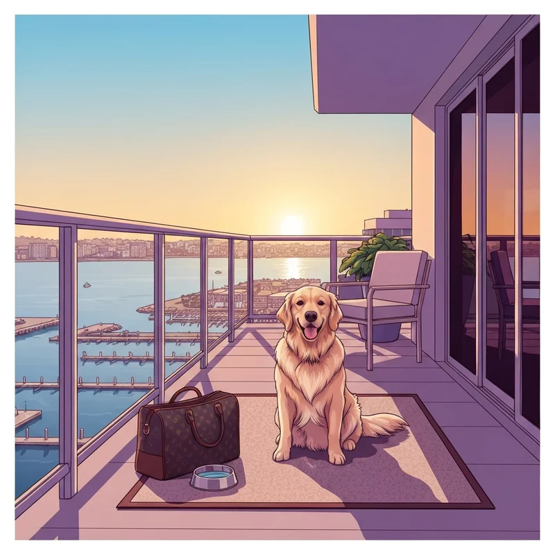 A golden retriever enjoying a luxury balcony at one of the top dog friendly hotels san diego with a view of the harbor.