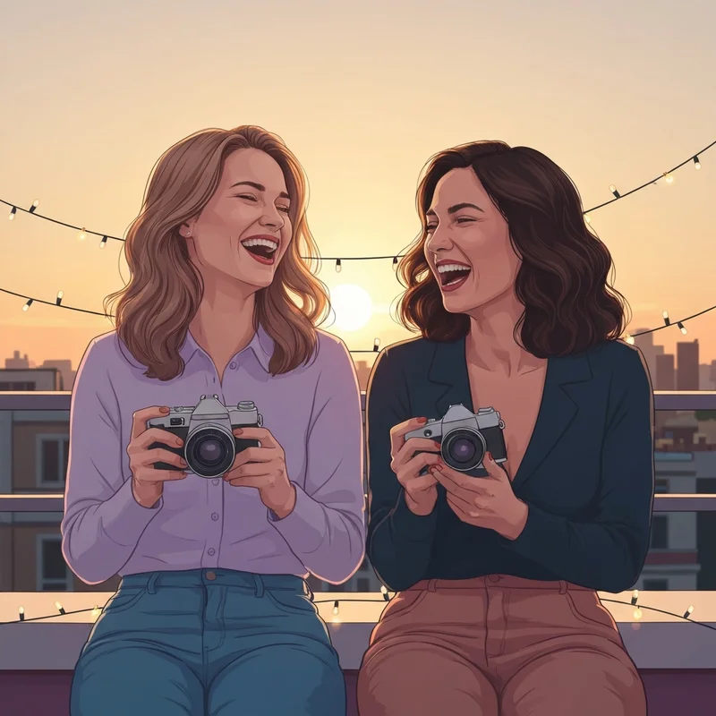 Two best friends laughing on a rooftop at sunset celebrating a happy birthday for my best friend