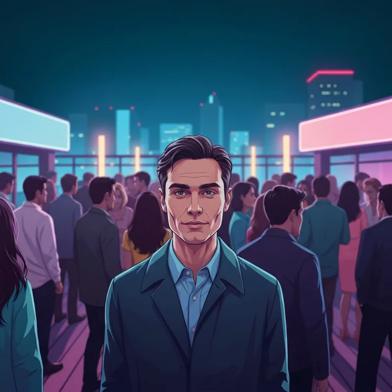 A lone person at a crowded city party, symbolizing the no friends in the industry lyrics and social isolation.