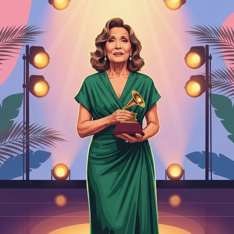 Gloria Estefan holding her 2026 Grammy Award, symbolizing her enduring legacy in Latin music.