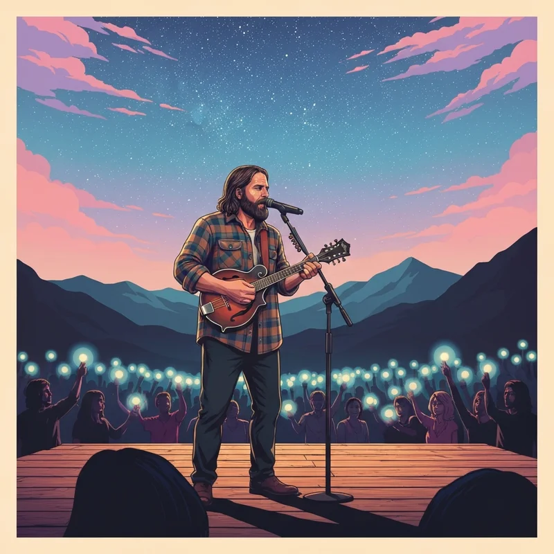 A wide-angle cinematic shot of thousands of fans lighting up their phones during the Noah Kahan Great Divide Tour.