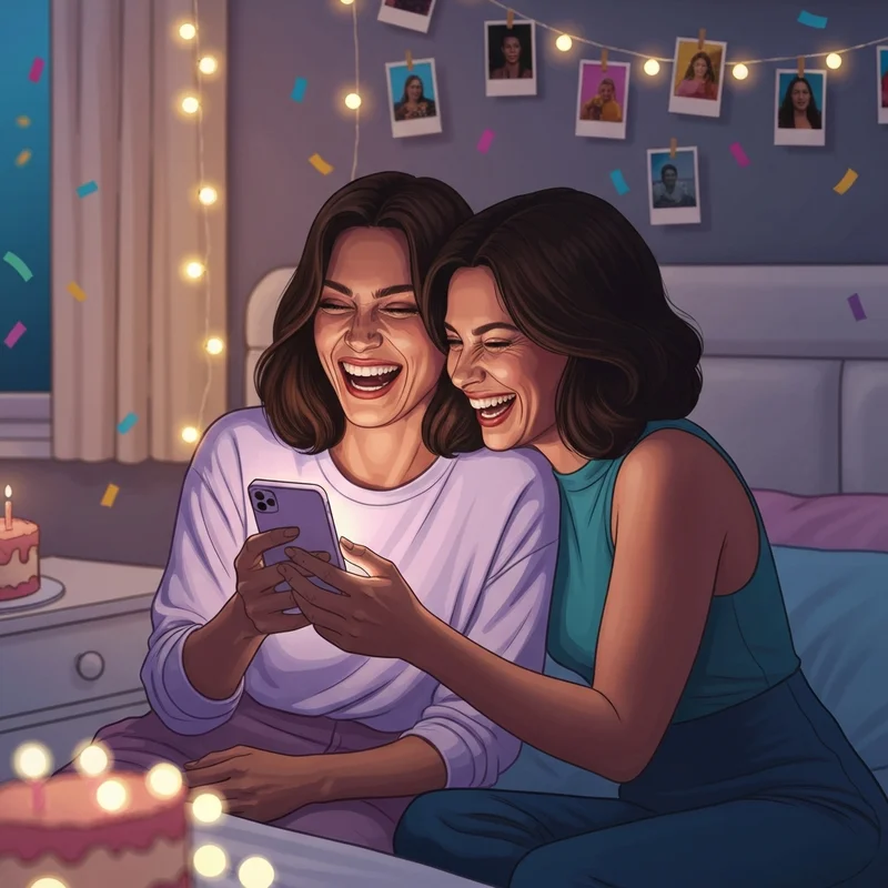 Two best friends laughing while looking at a phone screen, searching for birthday best quotes for friend to post on social media.