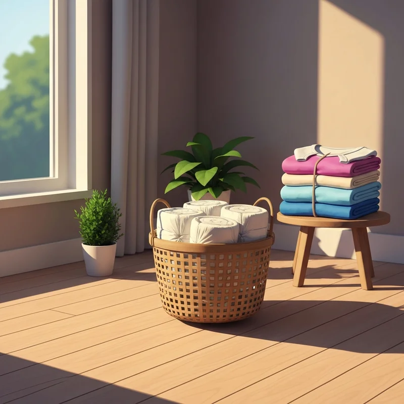 A peaceful nursery scene featuring a basket of eco friendly diapers on a wooden floor.