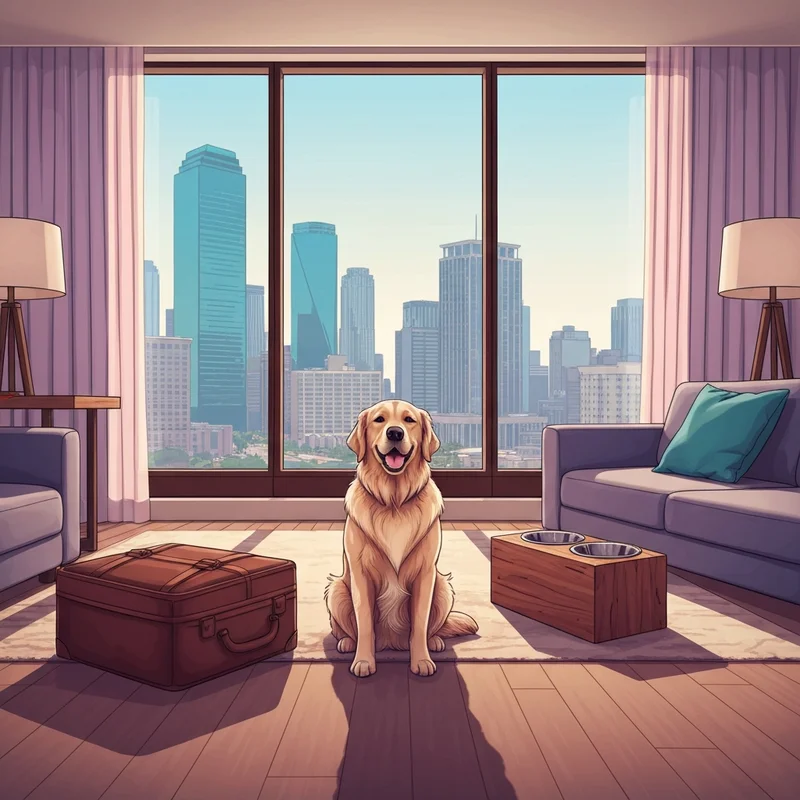 A luxury room at one of the pet friendly hotels dallas featuring a dog and city views.