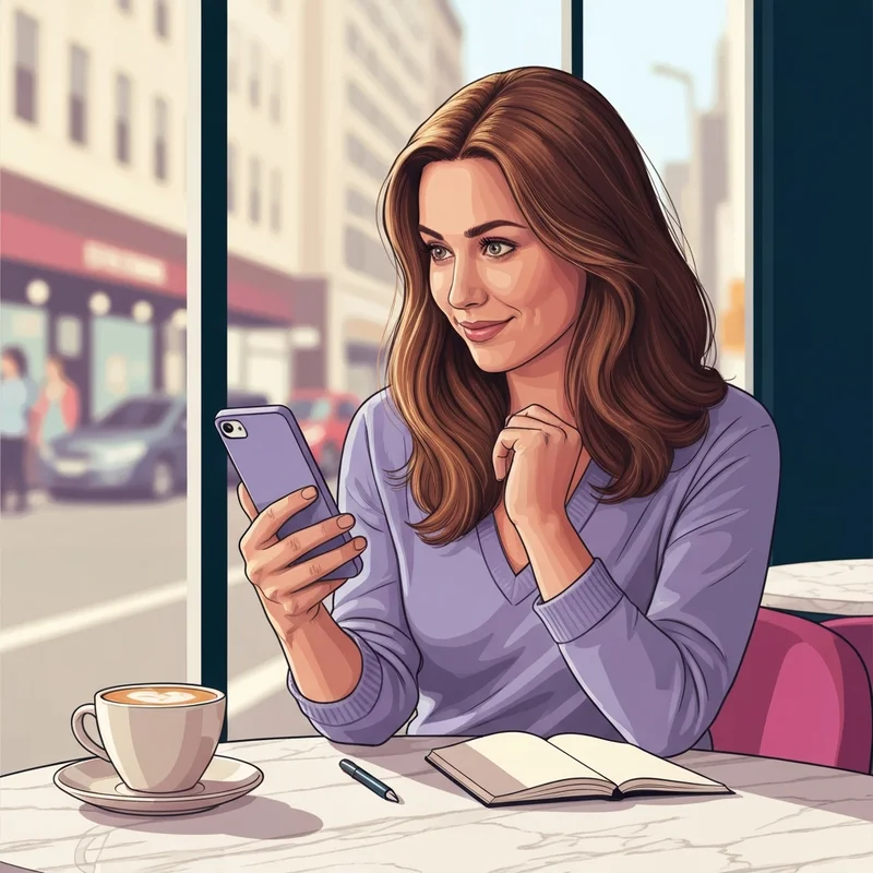 A woman solving the friendly and pleasant nyt crossword clue in a cafe