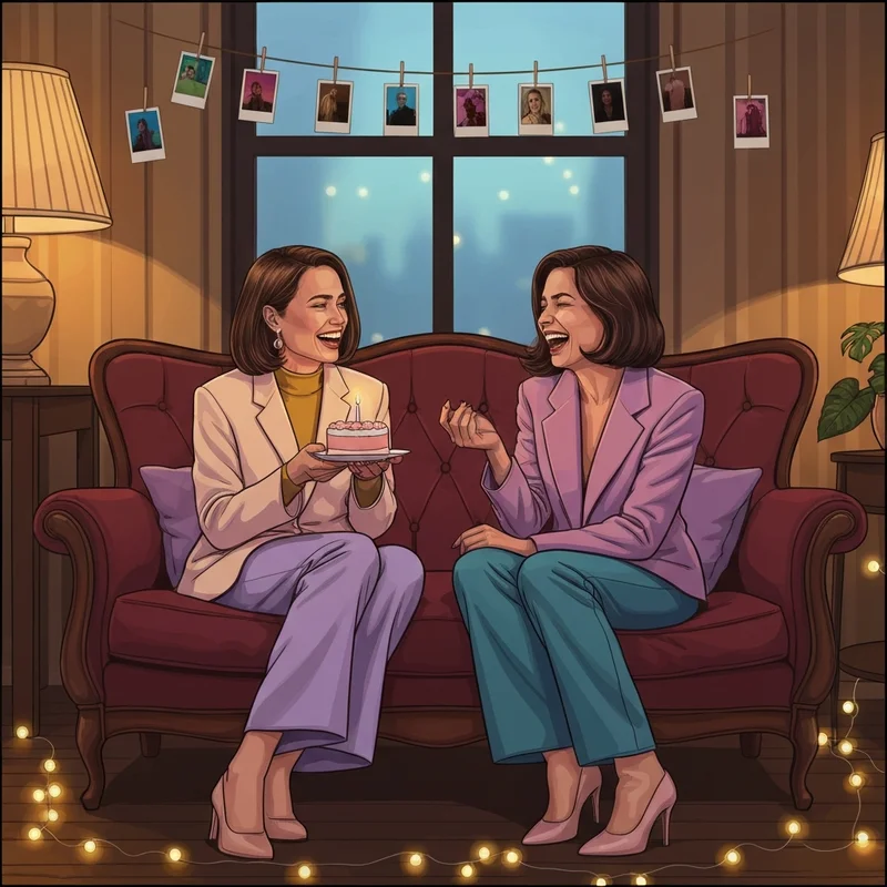 Two best friends celebrating with a minimalist cake and fairy lights, representing the perfect happy birthday my friend photos vibe.