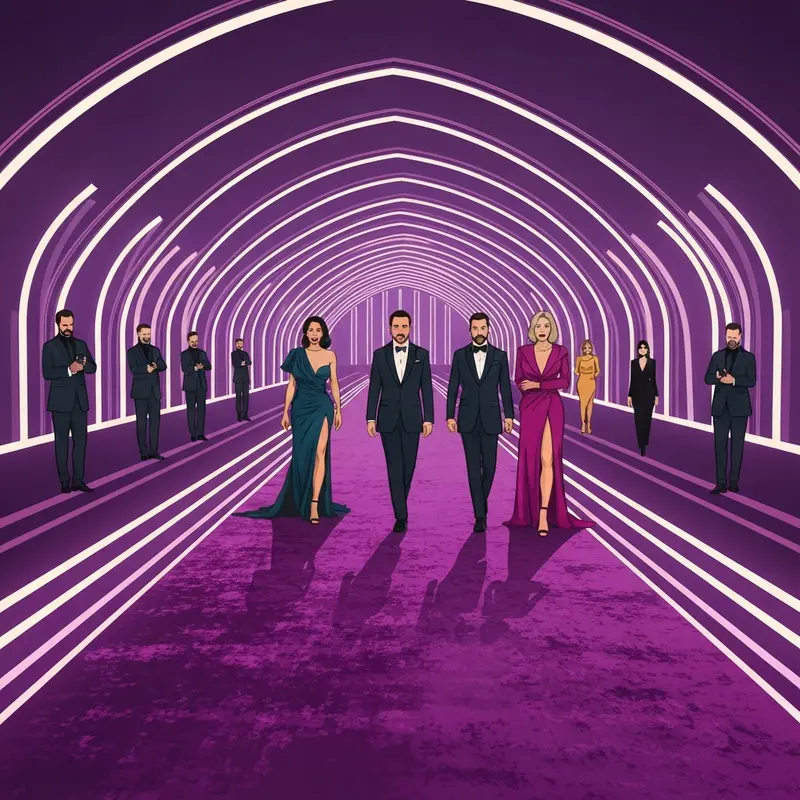 A vibrant and crowded grammys red carpet scene with flashing lights and high-fashion arrivals.