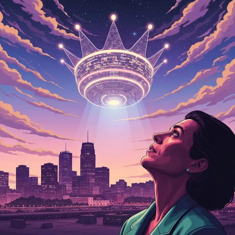 The iconic P-Funk Mothership associated with George Clinton descending over a futuristic city during a psychedelic sunset.