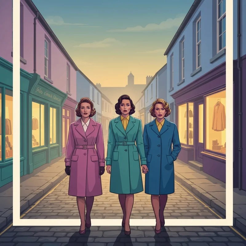 A nostalgic scene reminiscent of the Circle of Friends movie featuring three friends walking in a misty Irish village.