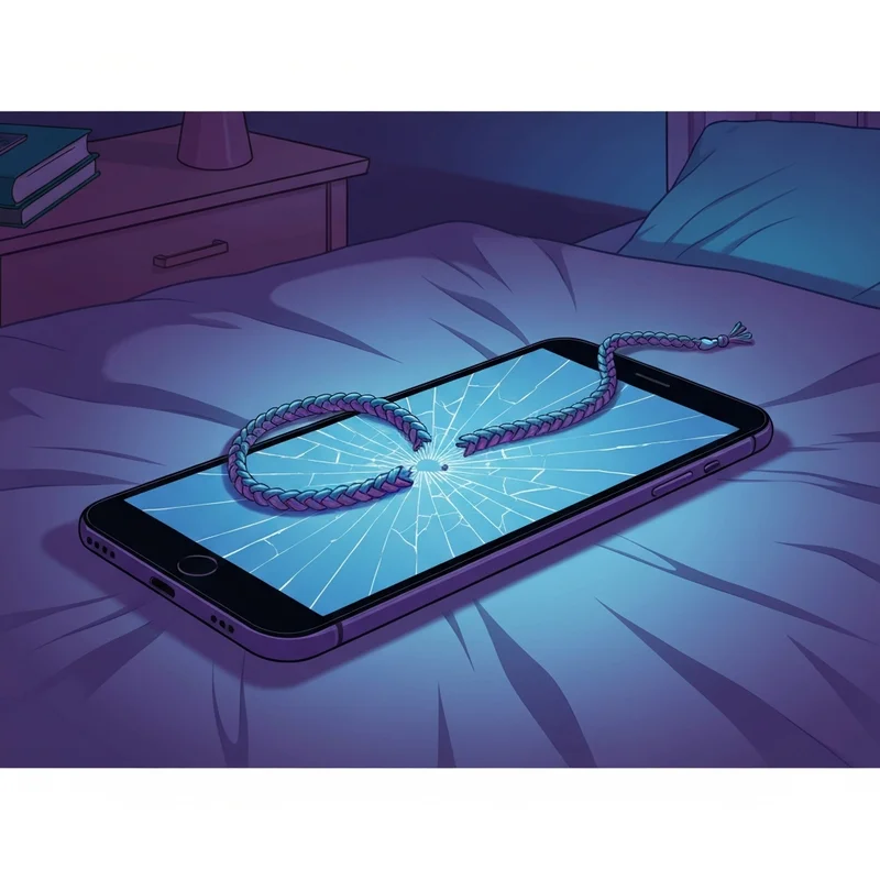 A shattered friendship bracelet on a phone screen representing the lyrics what are friends for.