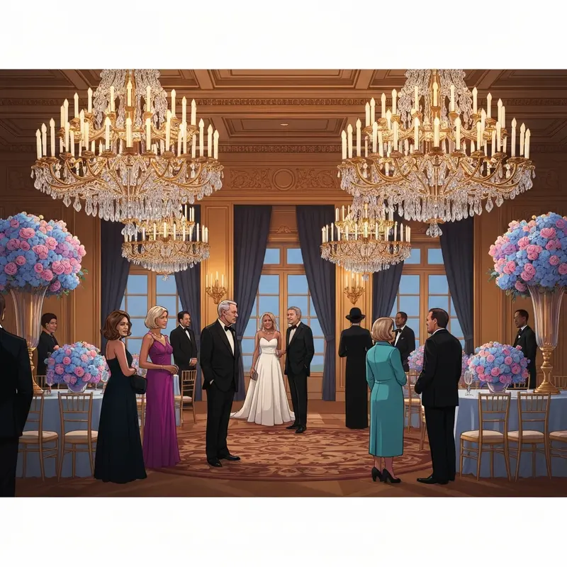 The luxurious ballroom scene at the Dan Scavino wedding in Mar-a-Lago featuring high-profile guests.