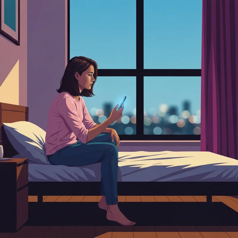 A young woman looking for a quote of betrayal friends on her phone in a dimly lit room.