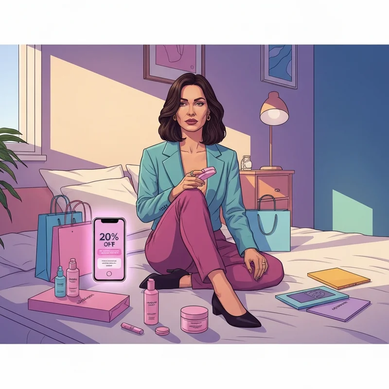 A woman hunting for a sephora friends and family 2025 code on her smartphone surrounded by beauty products.