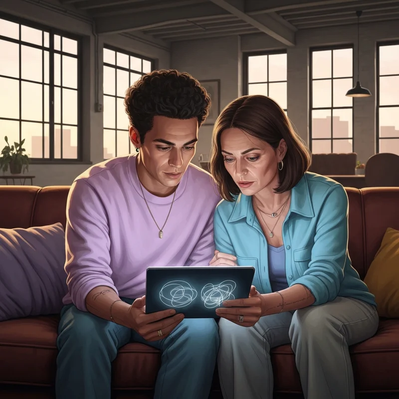 Two best friends in a sunlit loft looking at designs for their matching best friend tattoos