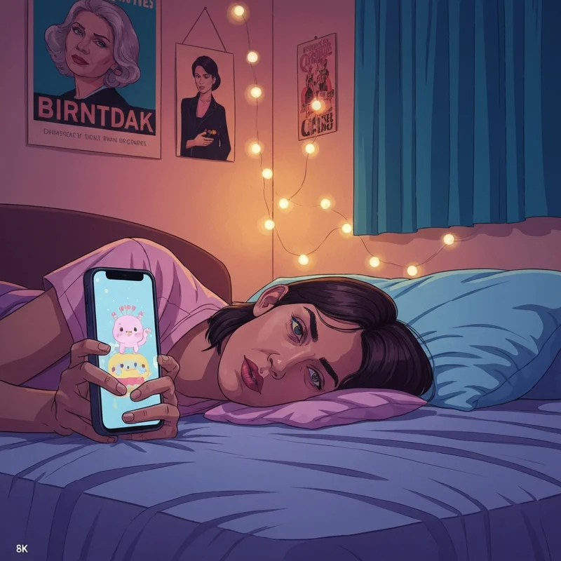 A Gen Z person looking for the perfect happy birthday gif for friend on their smartphone in a cozy aesthetic room.