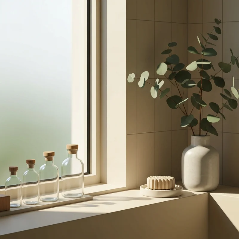 A minimalist bathroom shelf featuring a glass bottle of eco friendly shampoo and a textured bar on a ceramic dish.