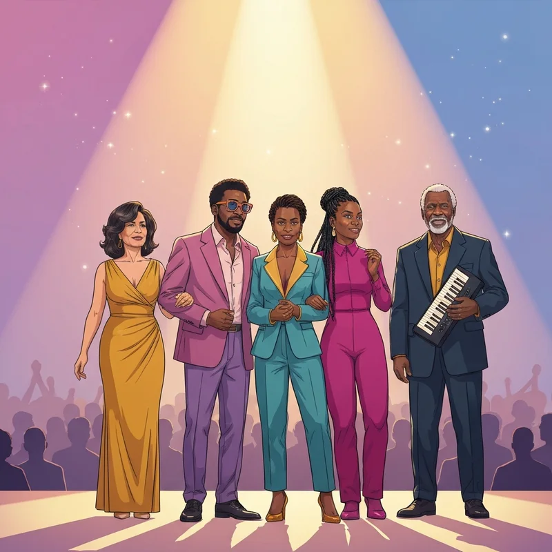 A nostalgic group of legendary singers performing the that's what friends are for lyrics on a golden-lit stage for a charity event.